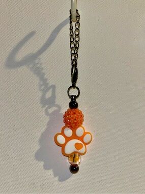 Orange & White Paw Cup Charm w/Iridescent Orange Pavé Bead & Clear Faceted Bead